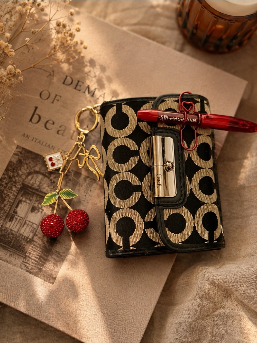 Coach Black & Beige Signature Canvas Card Case with Red Cherry Charm